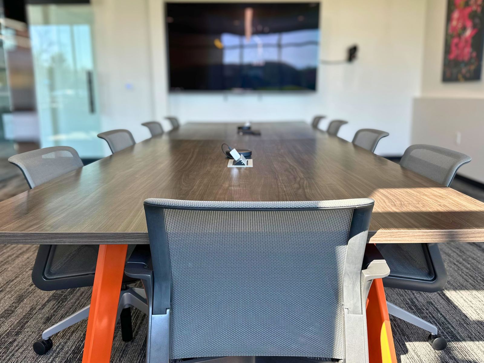 View from the head of the conference room table toward the wall display at SpringPad in Lincoln, Nebraska