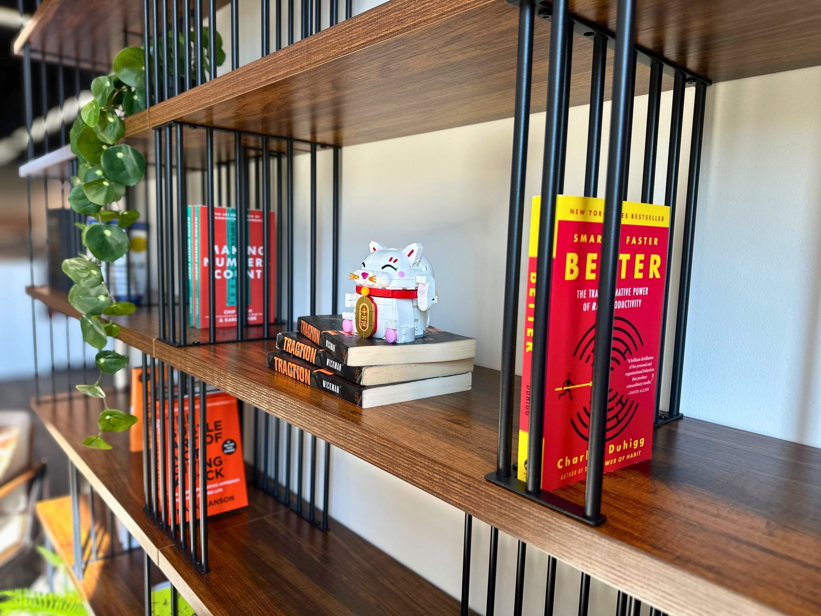 Bookshelf detail in the lounge library at SpringPad in Lincoln, Nebraska