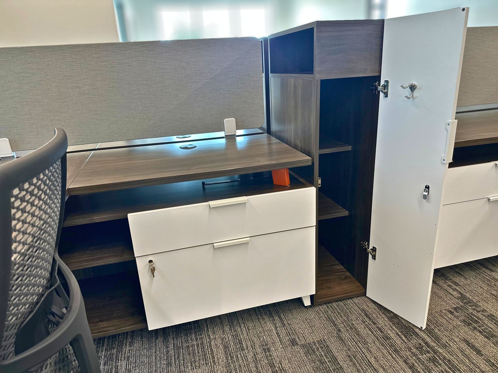 Lockable drawer and wardrobe storage at a dedicated desk at SpringPad in Lincoln, Nebraska